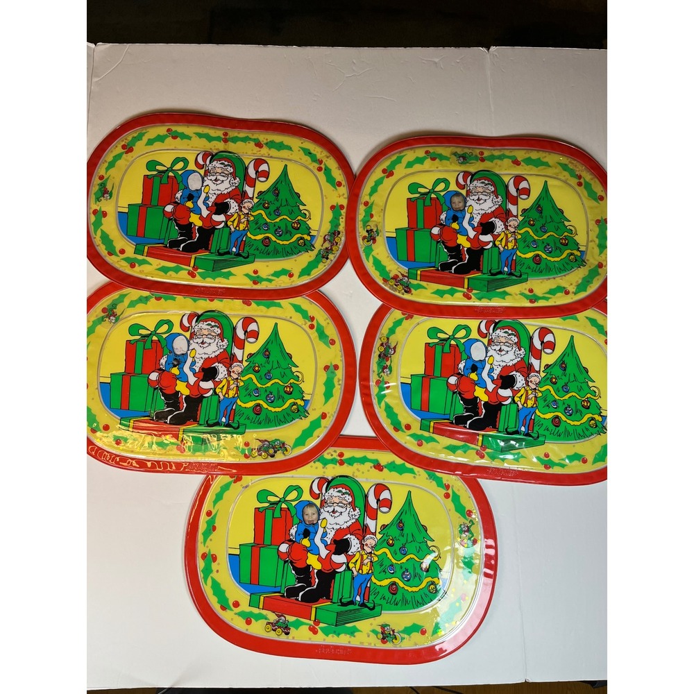 Vintage Splashies Christmas Placemats Set of 5 Santa Photo Frame Liquid Glitter